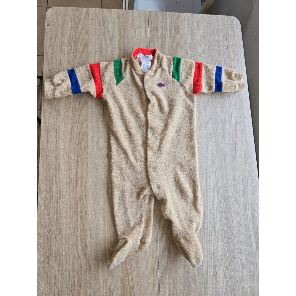 Izod Lacoste Baby Footed Romper Large Beige Terry Striped Vintage